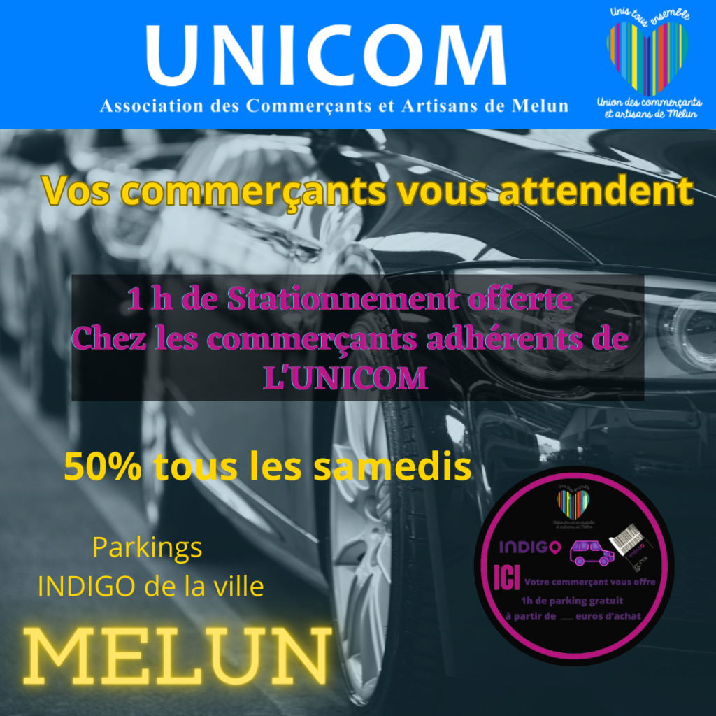 Les commerçants m'offrent le parking à Melun !
Où obtenir le "ticket offert" ?
Chez les commerçants adhérents de l'unicom qui affichent l’autocollant sur leur vitrine.
"Ici, Votre Commerçant vous Offre 1h de Parking gratuit « 
Ils vous offrent une heure de stationnement dans un des 5 parkings de Melun. 
*sous réserve d'achat*
Comment ça marche ?
1. Vous prenez un ticket en entrant dans le parking
2. Avant de sortir du parking, vous introduisez le ticket de stationnement dans la caisse automatique
3. Dès l’affichage de la somme à payer, insérez-le ticket parking.
4. L’heure offerte est automatiquement déduite.
5. Vous réglez éventuellement la somme restante
6. Vous récupérez le ticket validé pour sortir